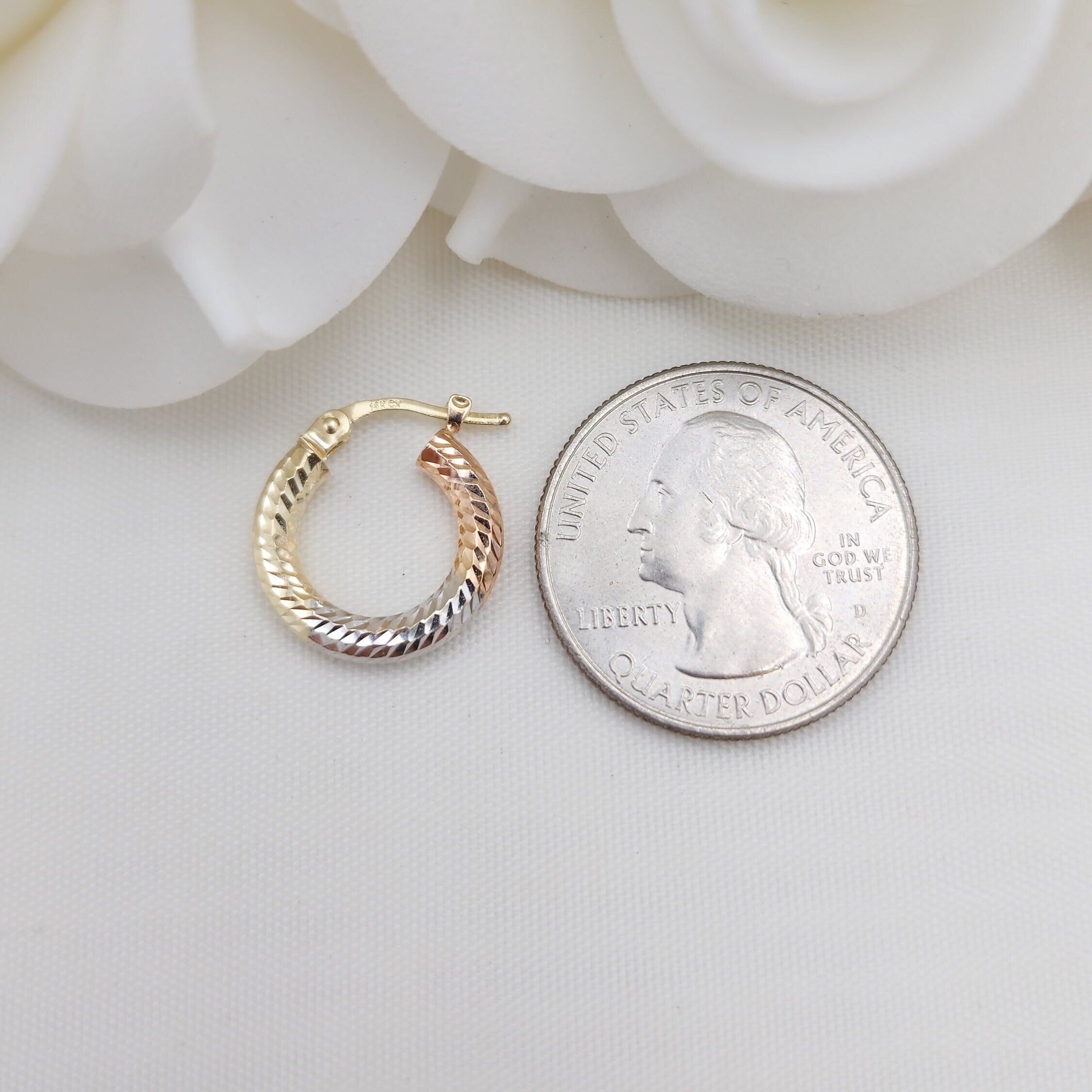 Real 14k Tricolor Gold Small Hoop Earrings - 3mm Thick - 15mm - Perfect gift for her - Dainty chubby hoops - Diamond Cut