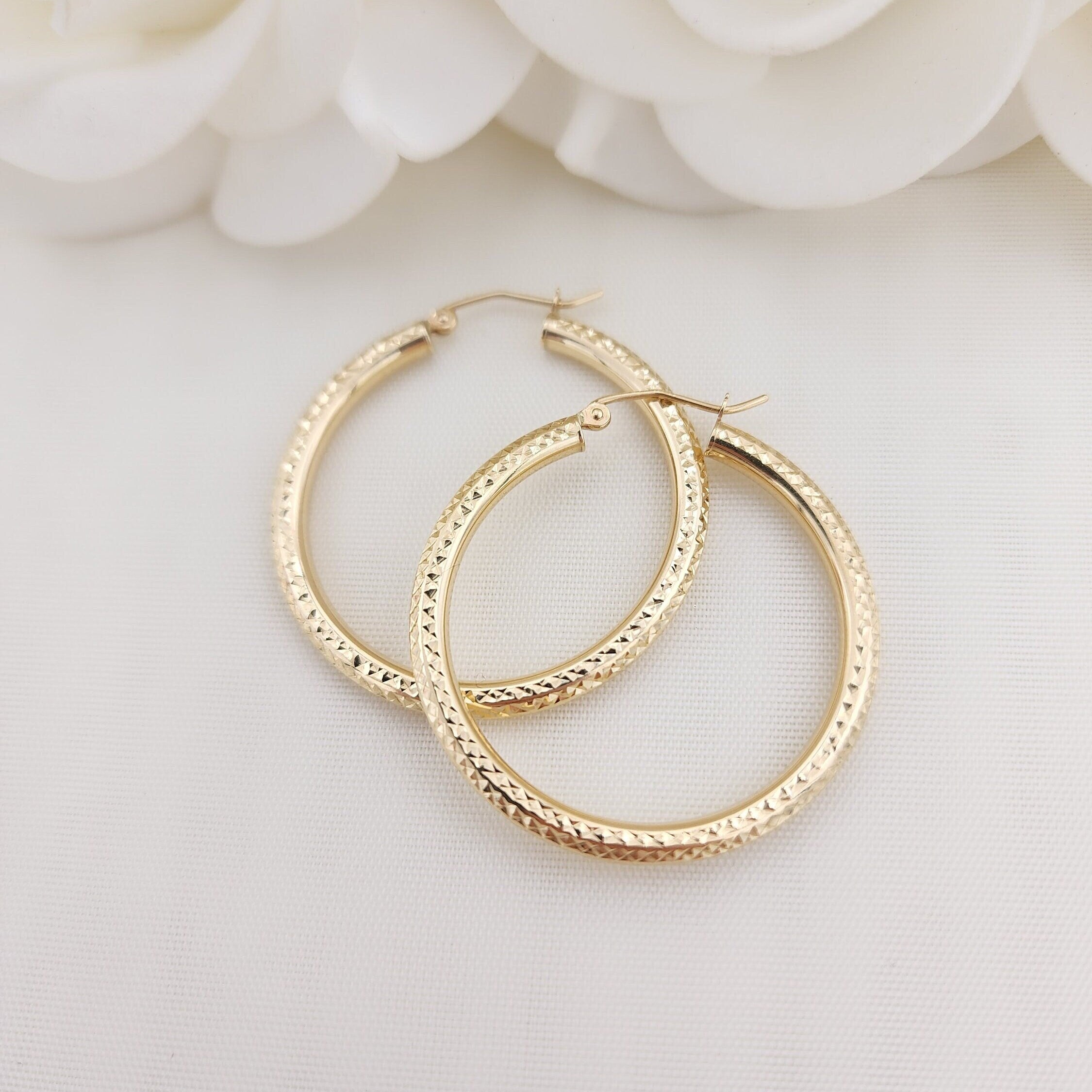 35MM 14k Gold Fully Diamond Cut Hoop Earrings - 3MM Thick - Perfect Gift - Modern Jewelry For Her