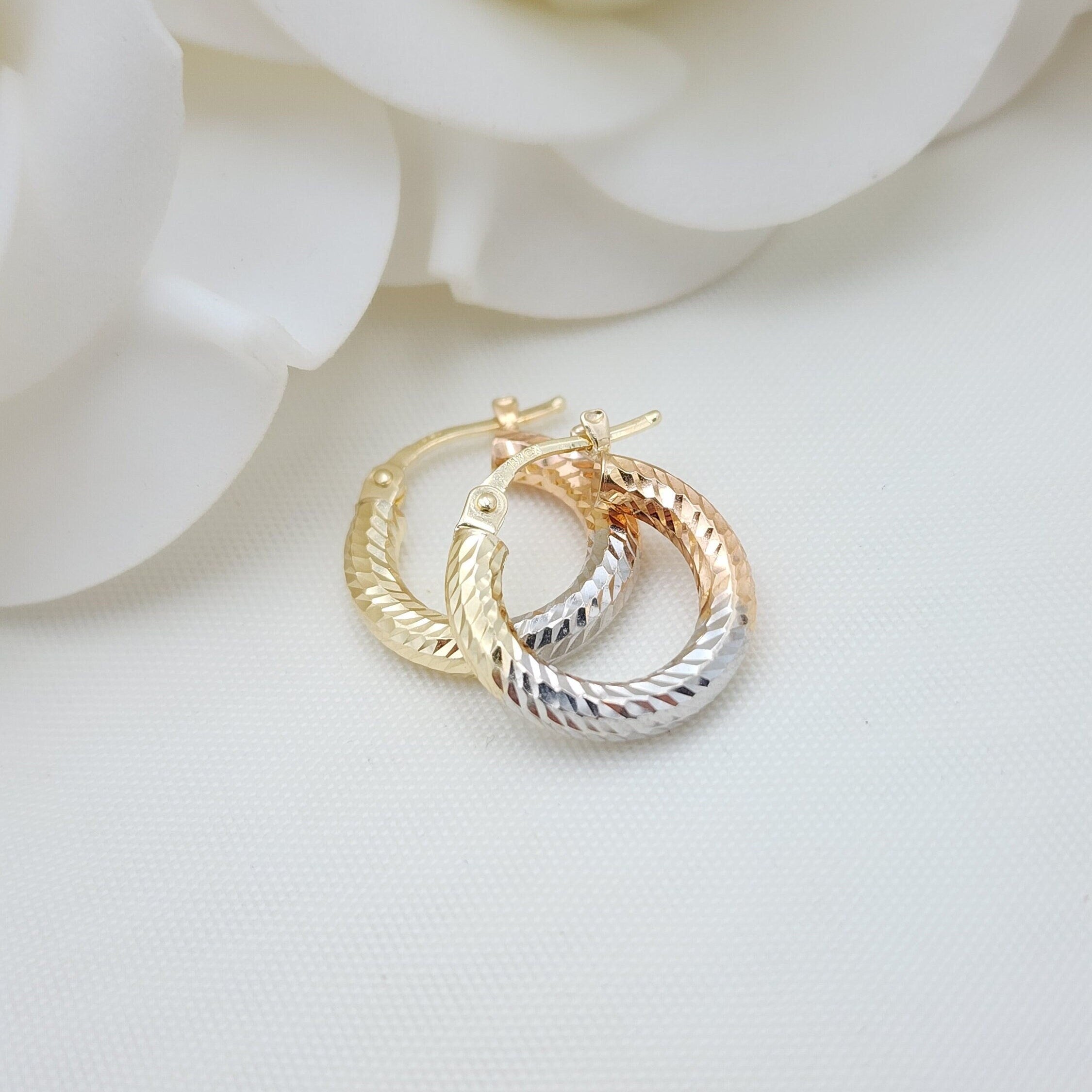 Real 14k Tricolor Gold Small Hoop Earrings - 3mm Thick - 15mm - Perfect gift for her - Dainty chubby hoops - Diamond Cut