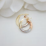 Real 14k Tricolor Gold Small Hoop Earrings - 3mm Thick - 15mm - Perfect gift for her - Dainty chubby hoops - Diamond Cut