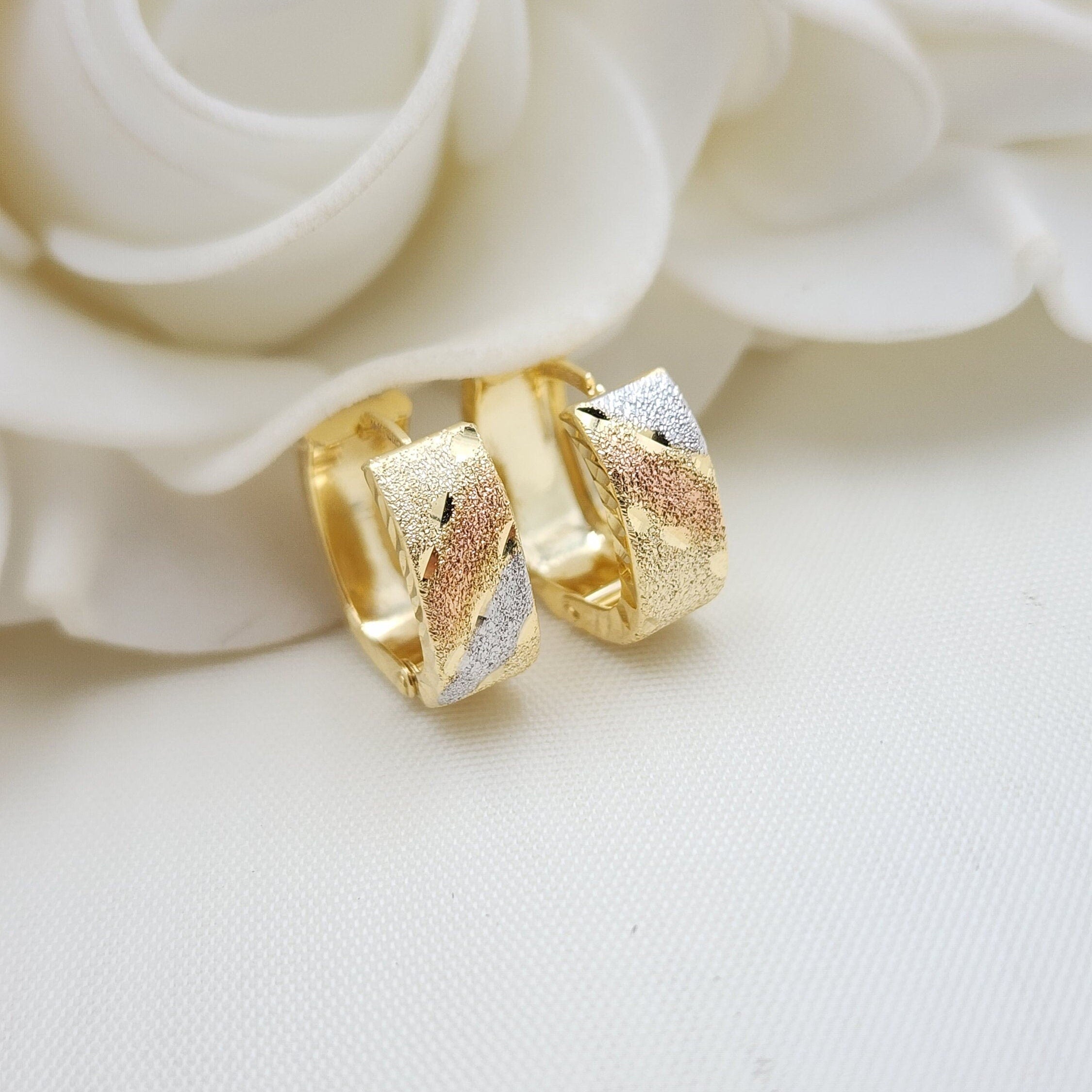 Solid 14k  Tricolor Gold Diamond Cut Huggies Earrings - Squared shaped - Perfect For Her - Double Click Closure