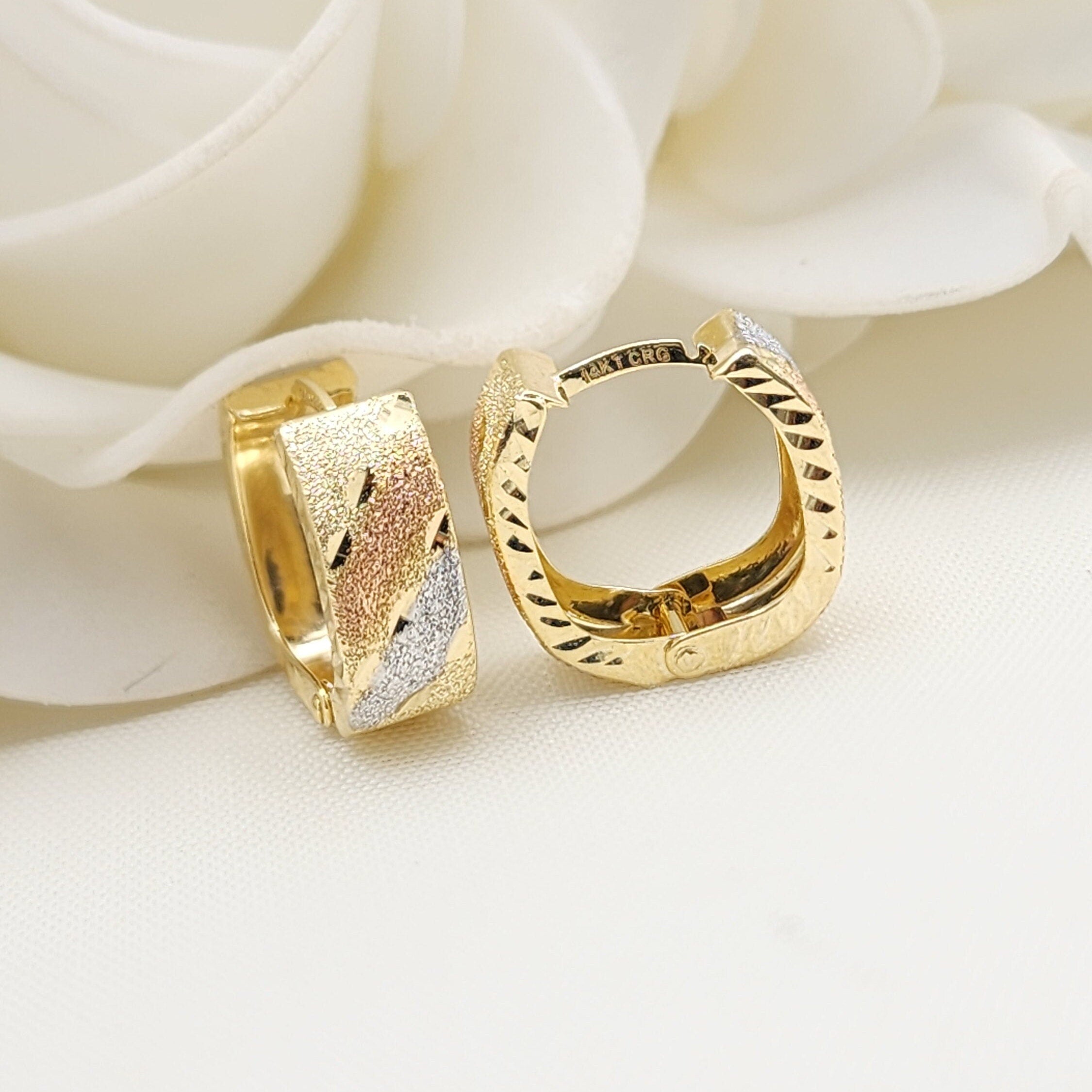 Solid 14k  Tricolor Gold Diamond Cut Huggies Earrings - Squared shaped - Perfect For Her - Double Click Closure
