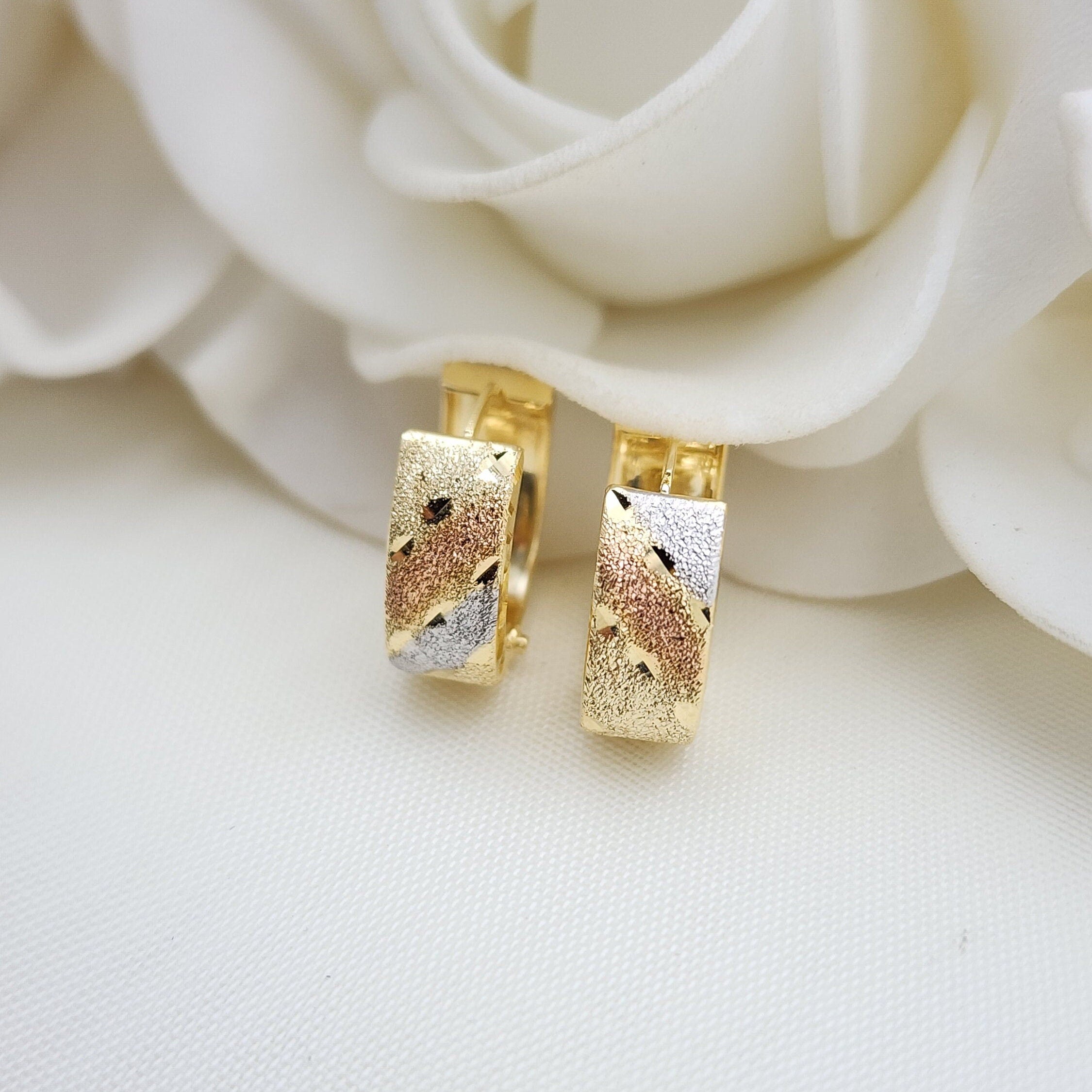 Solid 14k  Tricolor Gold Diamond Cut Huggies Earrings - Squared shaped - Perfect For Her - Double Click Closure