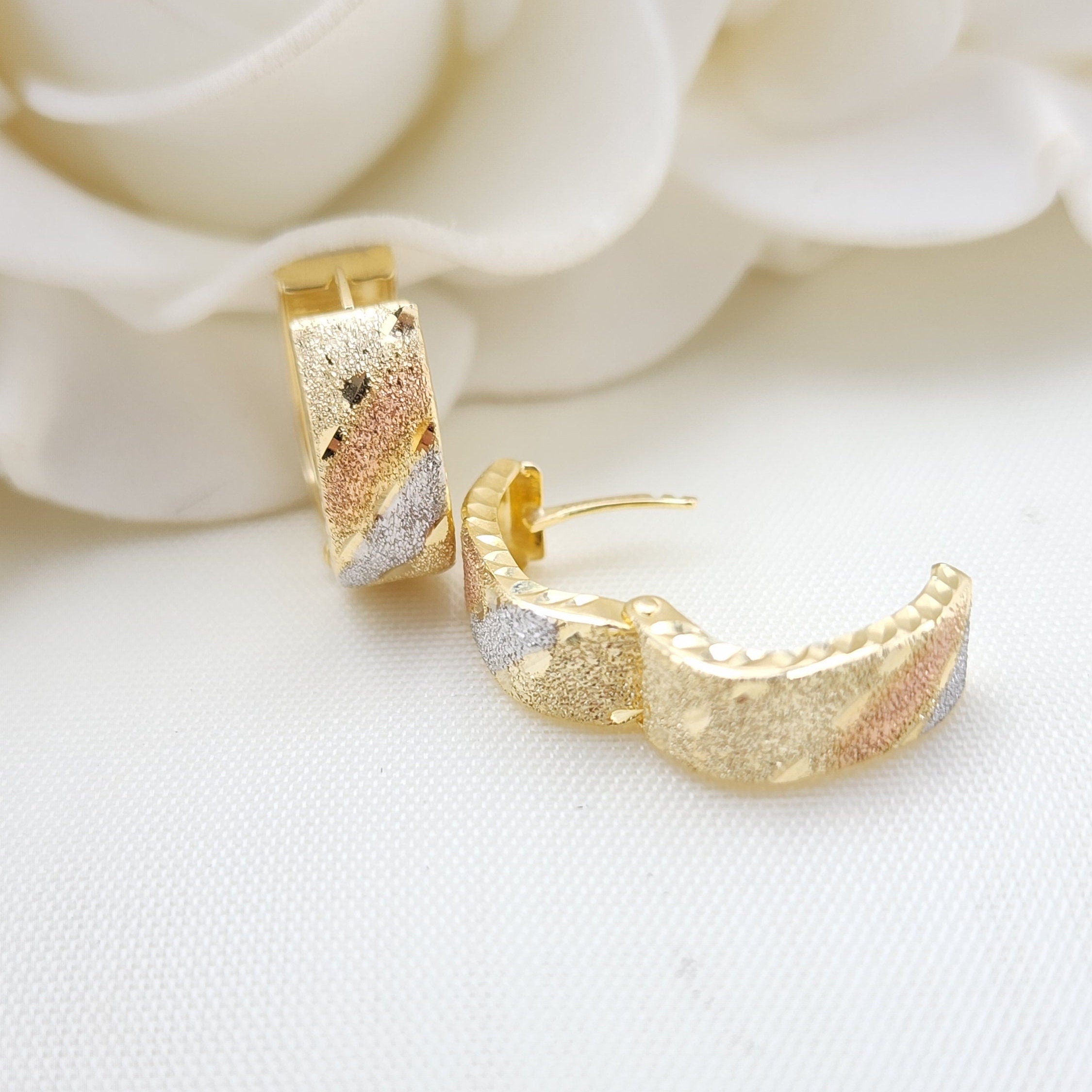 Solid 14k  Tricolor Gold Diamond Cut Huggies Earrings - Squared shaped - Perfect For Her - Double Click Closure